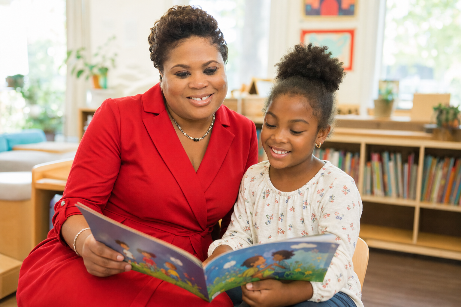 Renée Douyon sharing a children’s book with a young reader